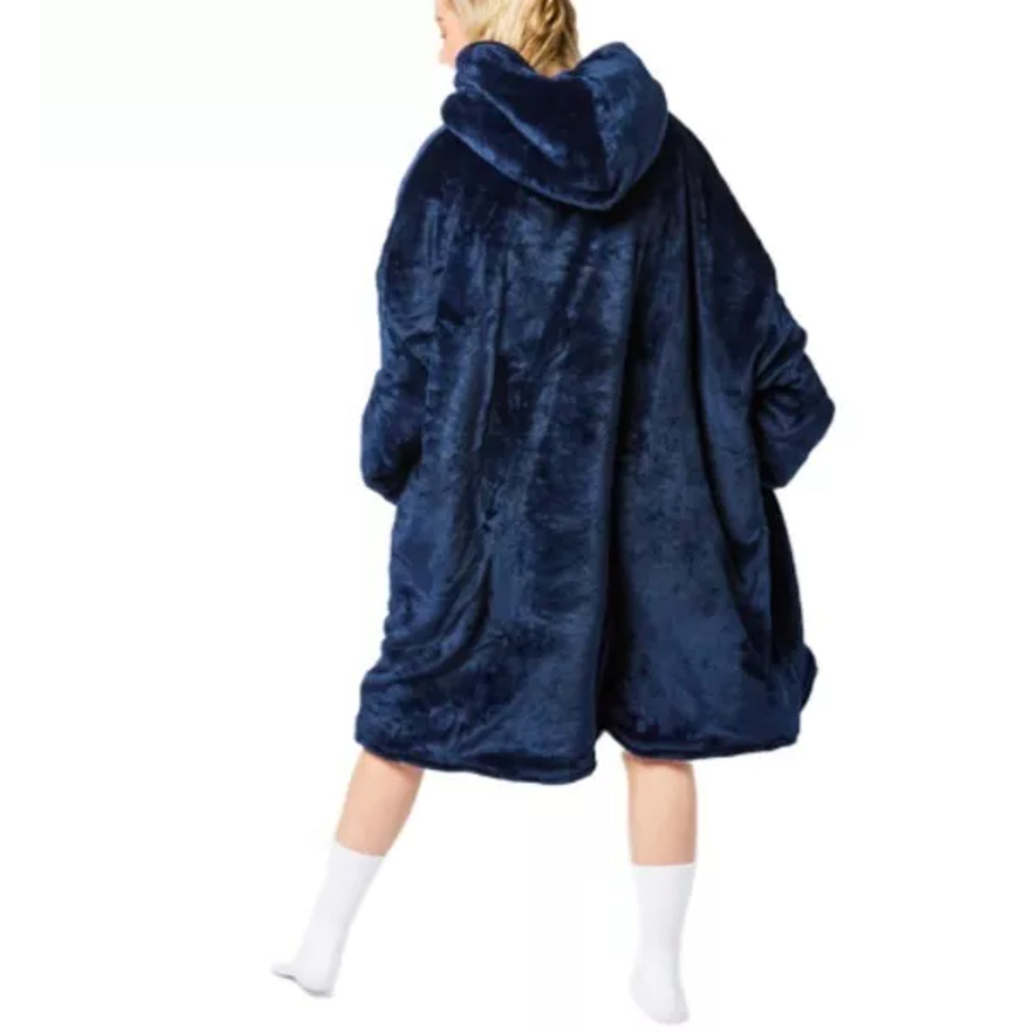 Ladies unisex oversized hoodie blanket snood snoodie in navy – soft fleece wearable blanket with hood and large pocket, cozy warm loungewear.